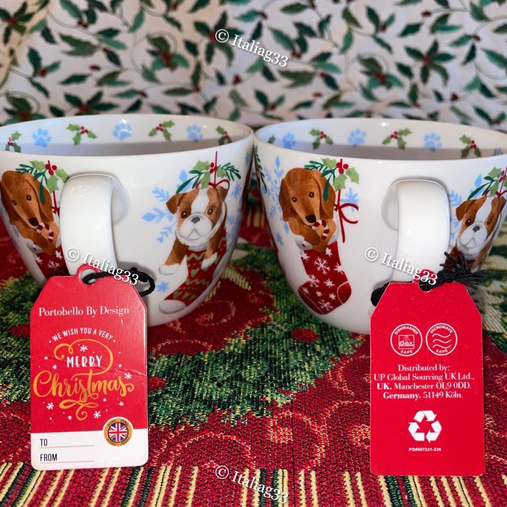 Portobello By Design Cup Mugs Dogs in Stockings Holiday Warm Wishes Bone China - Picture 2 of 12